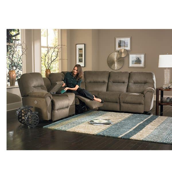 Bodie Recliner sectional in room setting with console storage