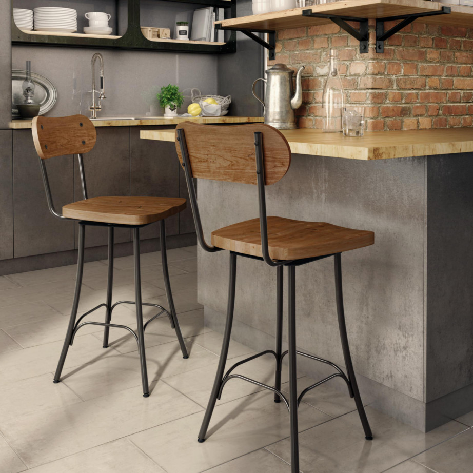 solid rustic industrial wood bean counter stool with swivel seat
