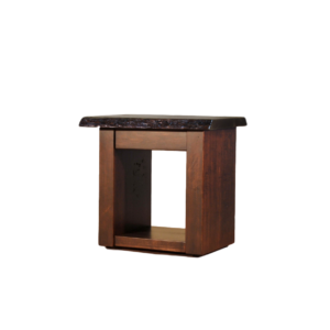 solid distressed wood live edge end table with shelf