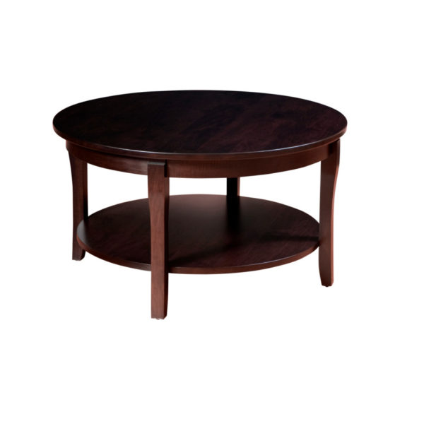 solid wood round canadian made soho coffee table with shelf