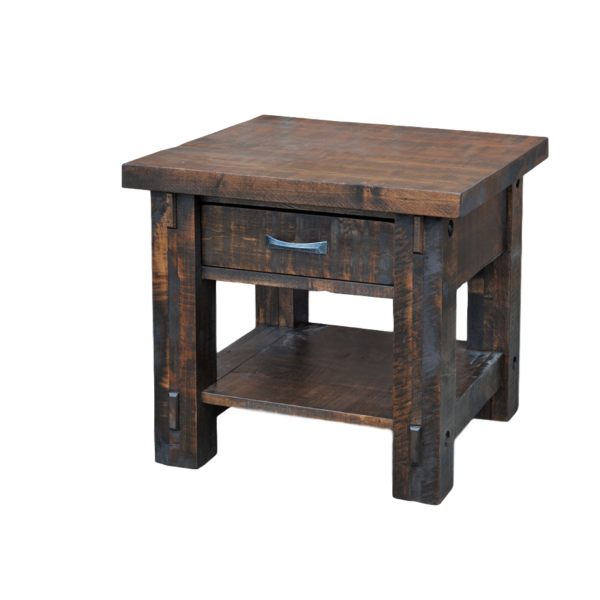 solid rustic wood timber square end table with drawer