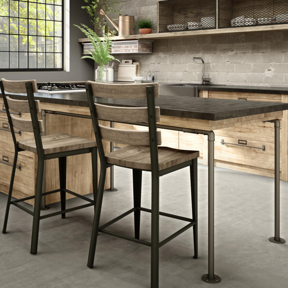 solid wood dexter counter stool in industrial kitchen