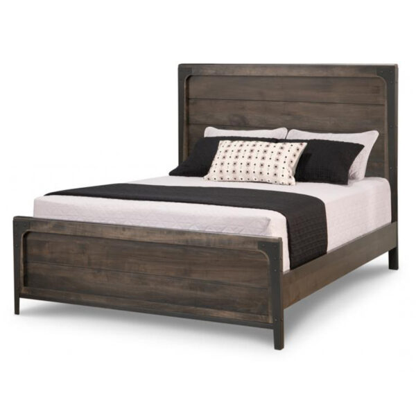 solid rustic wood portland bed in queen size with metal legs