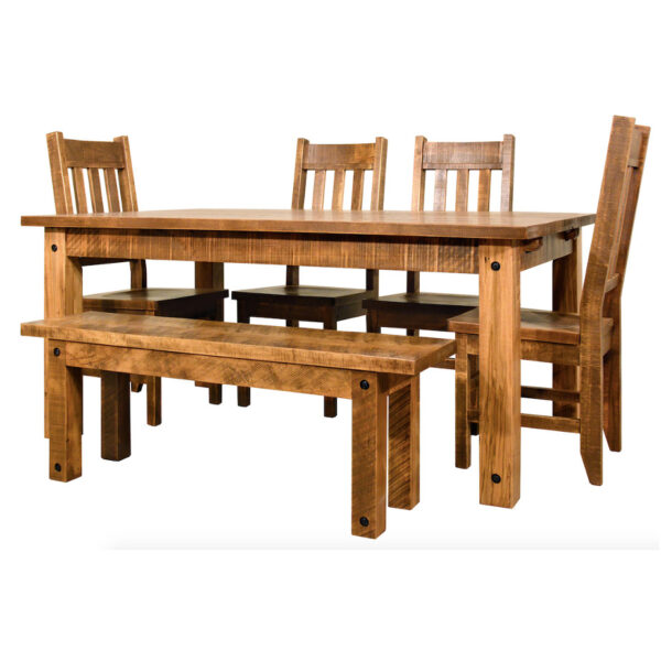 solid rustic wood adirondack dining room shown with table, chairs and bench