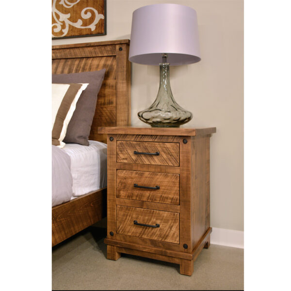 adirondack night stand in solid wood set in bedroom with lamp