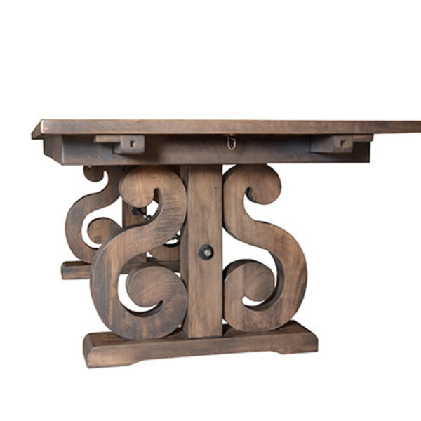 hand crafted quality detail of the courtyard solid wood table base