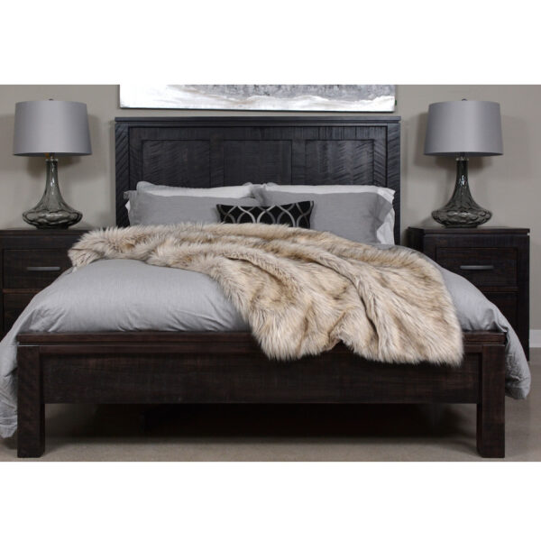 solid rustic wood lexington bedroom display with bedding and night stands