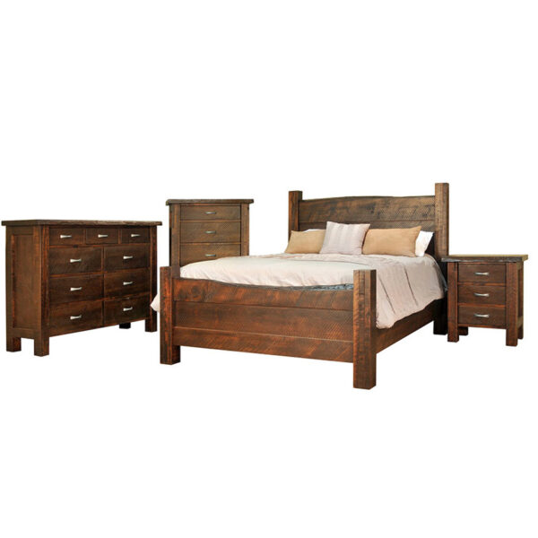 custom built in canada live edge bedroom suite shown with custom distressed finish
