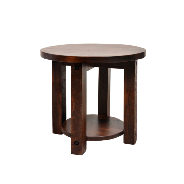 solid rustic wood adirondack round end table with shelf in rustic maple