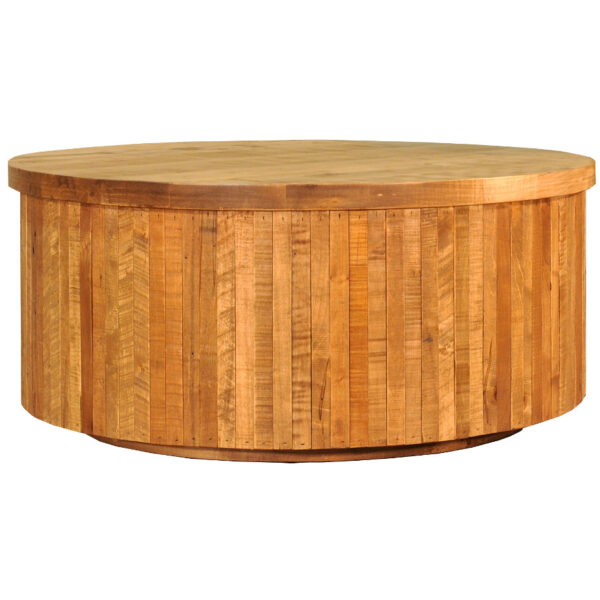 round ledge rock coffee table shown in solid rustic wood