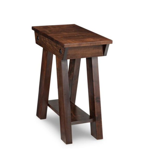 canadian made algoma chairside table with lower shelf in distressed wood