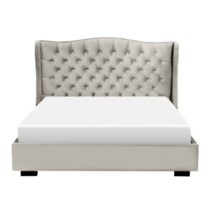 custom built catalina upholstered bed with platform base shown from headboard angle
