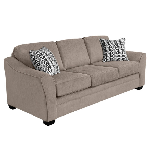 angled profile of canadian made douglas sofa in cleanable fabric