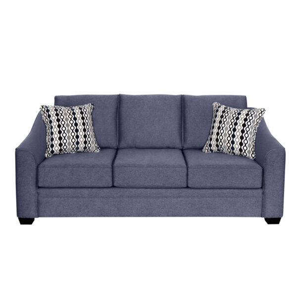canadian made fraser sofa shown in cleanable blue and navy fabric