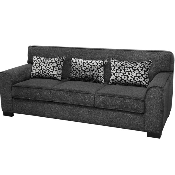 canadian made sunset sofa in durable dark fabric with toss pillows