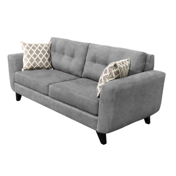 tilbury sofa from and angle in grey fabric with toss pillows