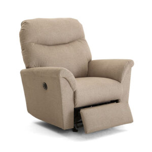 modern small scale caitlin recliner with power recline. Shown with recliner extended