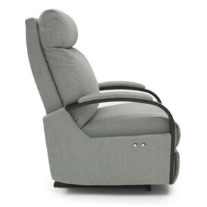 kinetix recliner with power recline buttons and wood arms at side angle