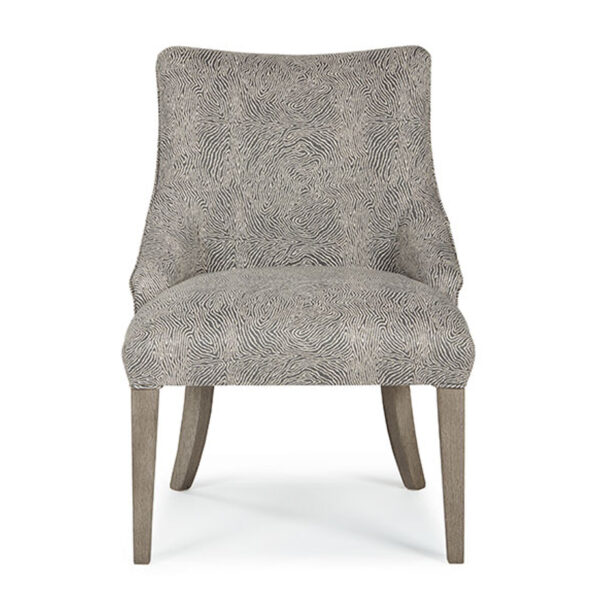 elie dining chair from front view with wood legs and fabric seat and back