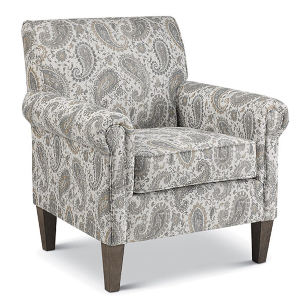 traditional mcbride accent chair with rolled arms in printed grey fabric