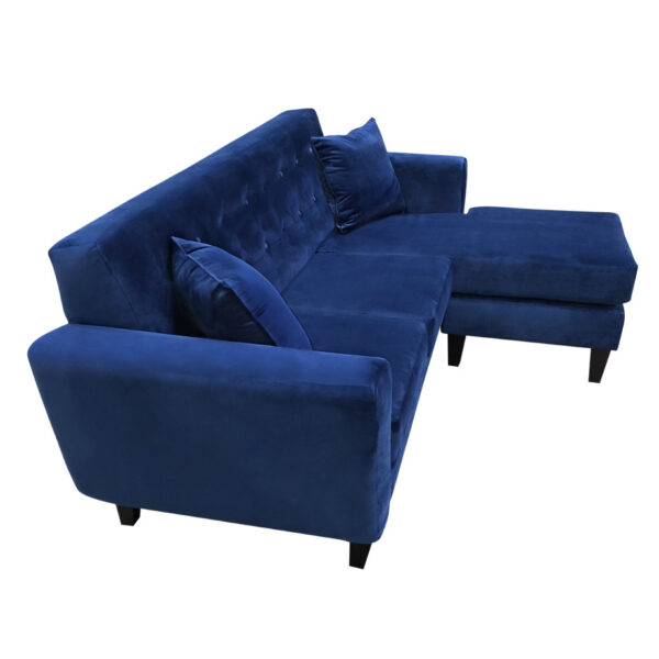 kitsilano sectional in deep navy blue fabric with chaise seat