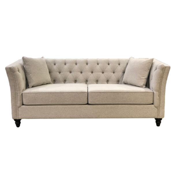 front view of canadian made lexi sofa with traditional style deep tufted back