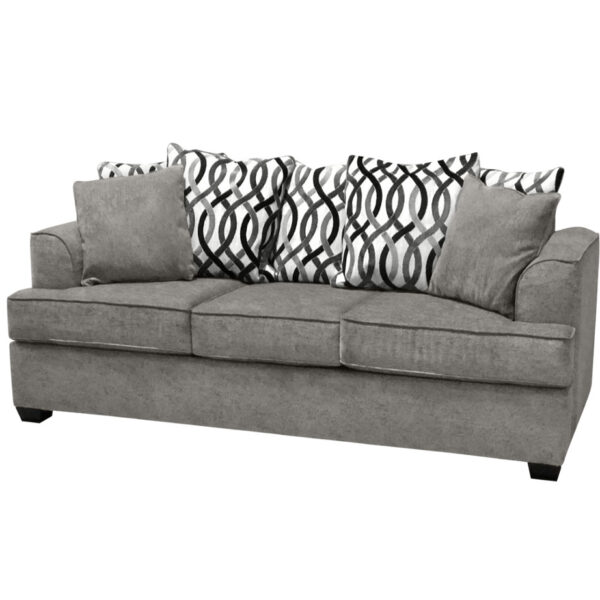 custom built mario sofa with traditional loose back pillows in grey with black and white