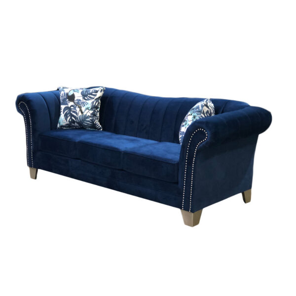 custom made traditional style ross sofa shown on an angle with stud arms