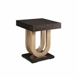 contempo end table with gold metal base and dark maple top