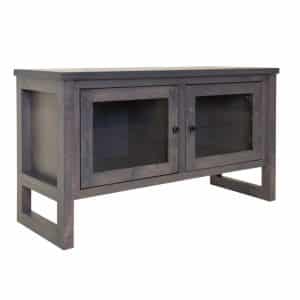 solid wood edgecomb tv console with 2 glass doors in grey finish