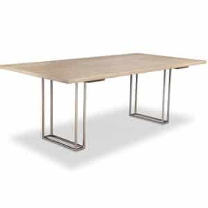 electra dining table with metal base and solid wood top
