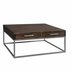 square muskoka custom made coffee table with drawers and silver metal base