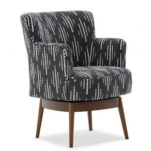 custom upholstery on keilda swivel chair with dark wood base