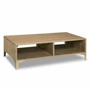 modern laguna coffee table with open shelves hand crafted in canada