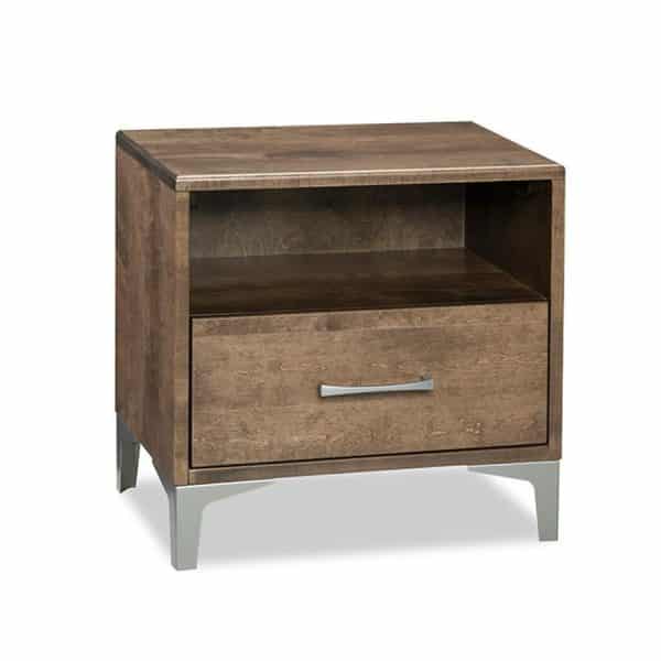 canadian made laguna night stand with drawers and metal legs and open shelf